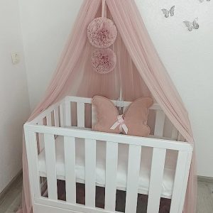 Soft canopy for nursery with holder and pompoms, Kids hanging tent for bedroom, Bed canopy, crib canopy
